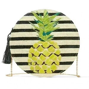 Kayu round straw striped pineapple purse with tassel & chain strap with dust bag